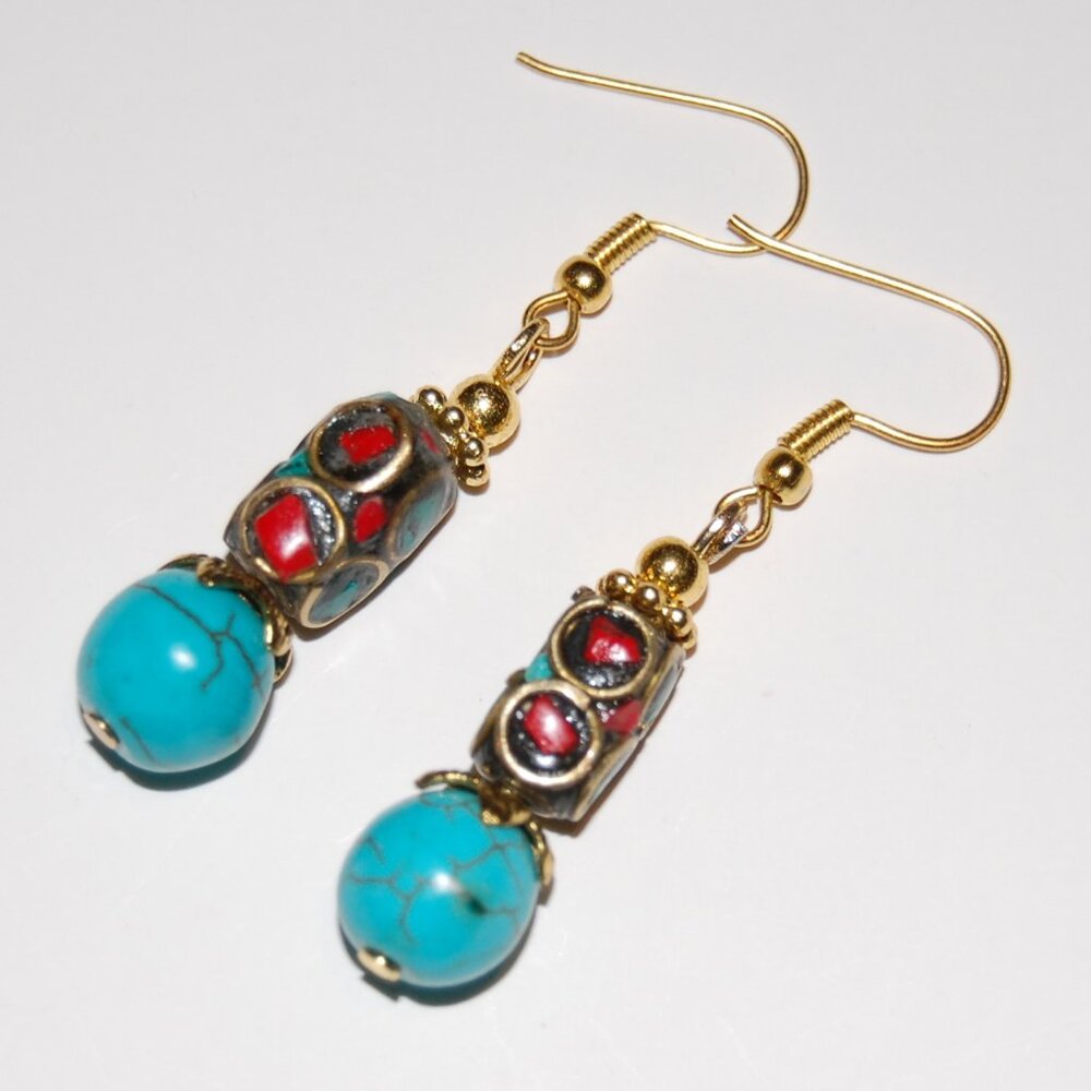 Tibetan Earrings,Ethnic Earrings,Bronze Inlaid Bead Earrings,Red Coral,Turquoise